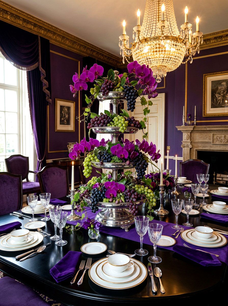 Grape and purple orchid display - 30 fruit and floral tablescape ideas