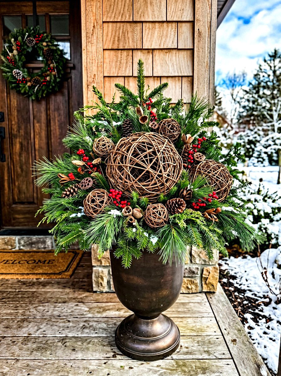 Grapevine Balls Pine Branches - 30 winter porch planter ideas