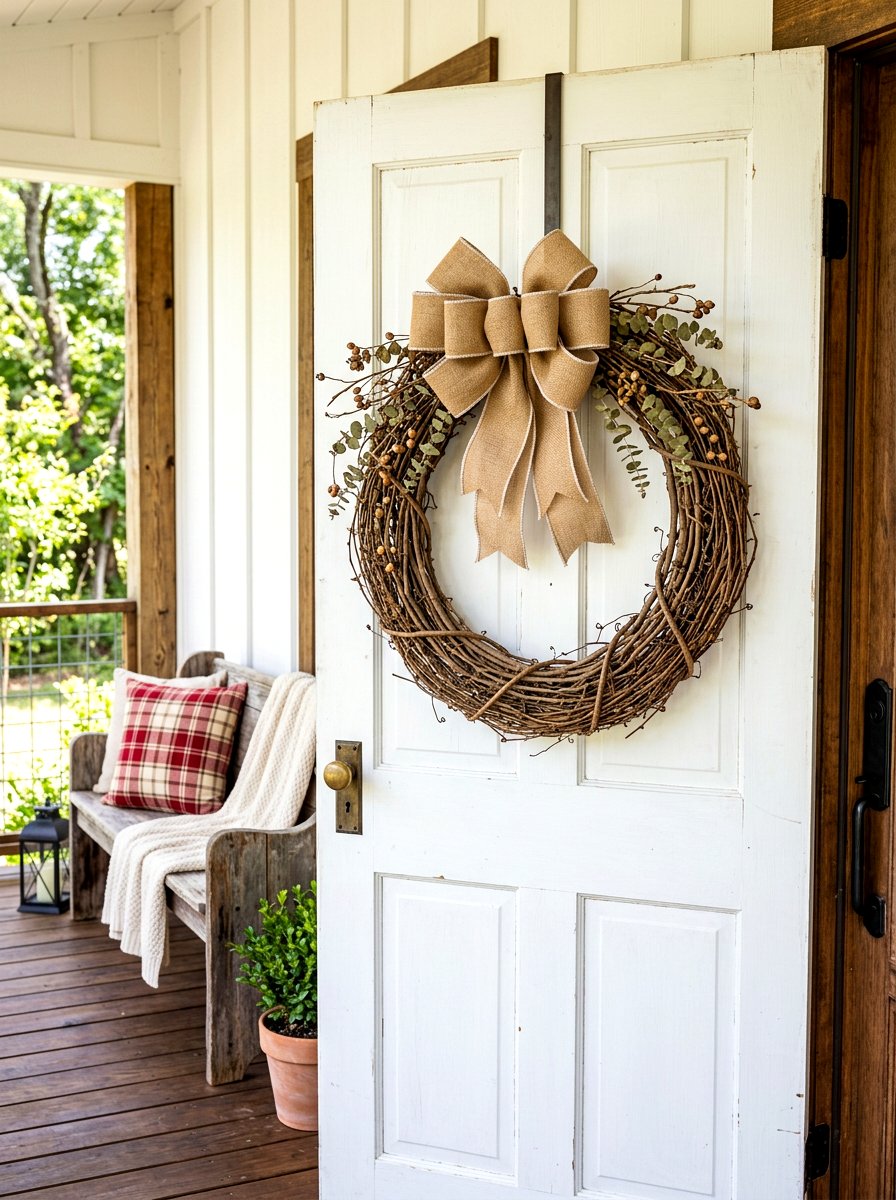 Grapevine wreath with burlap ribbon - 30 fall wreath ideas