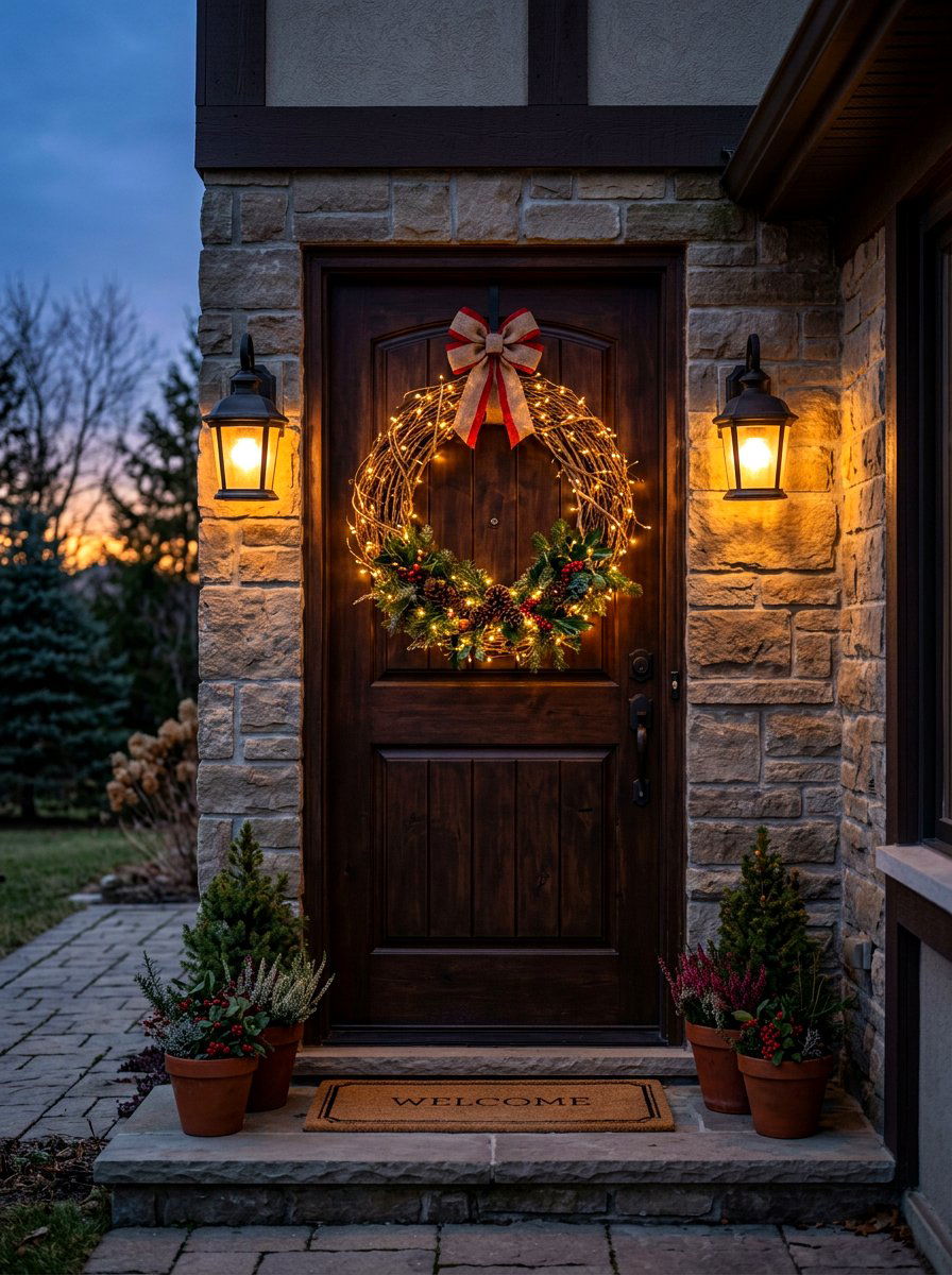 Grapevine wreath with lights - 30 exterior wreath display ideas