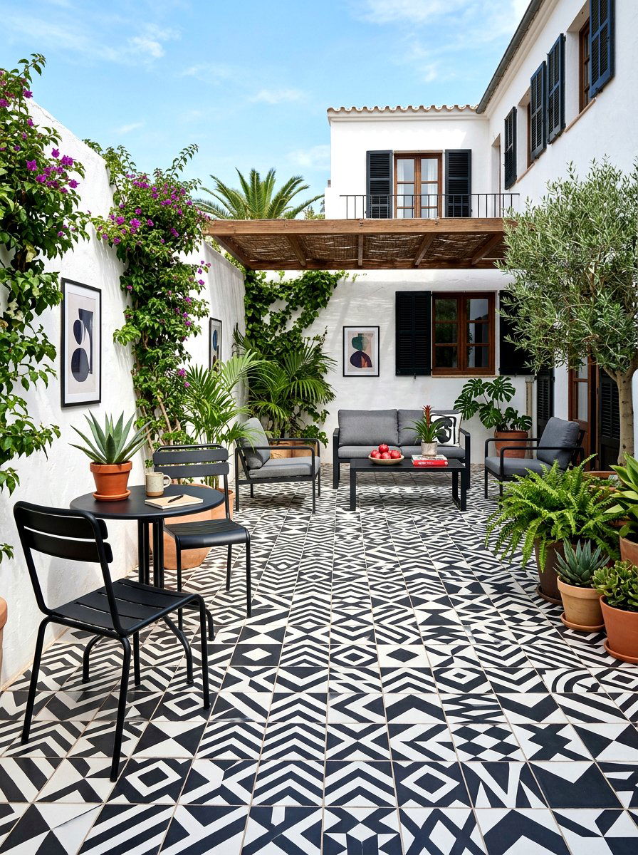 Graphic pattern outdoor tile patio - 30 black and white patio ideas