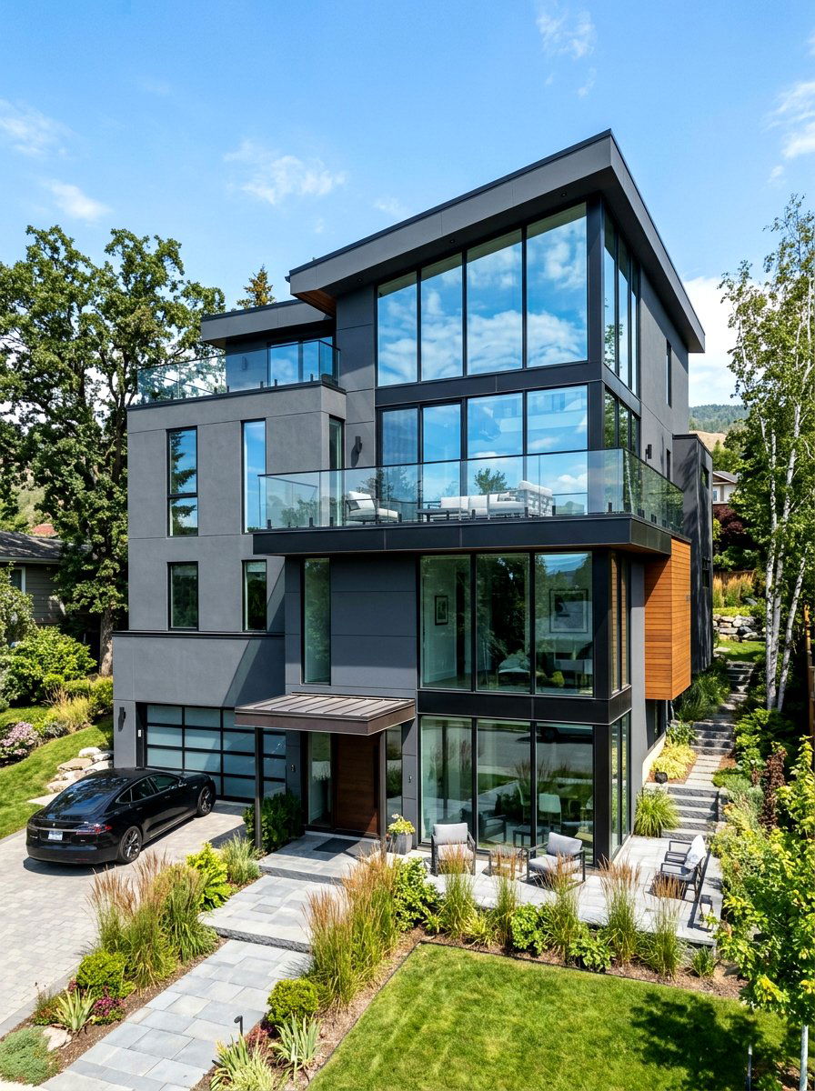 Graphite Gray Exterior With Glass Balcony - 30 gray house exterior ideas
