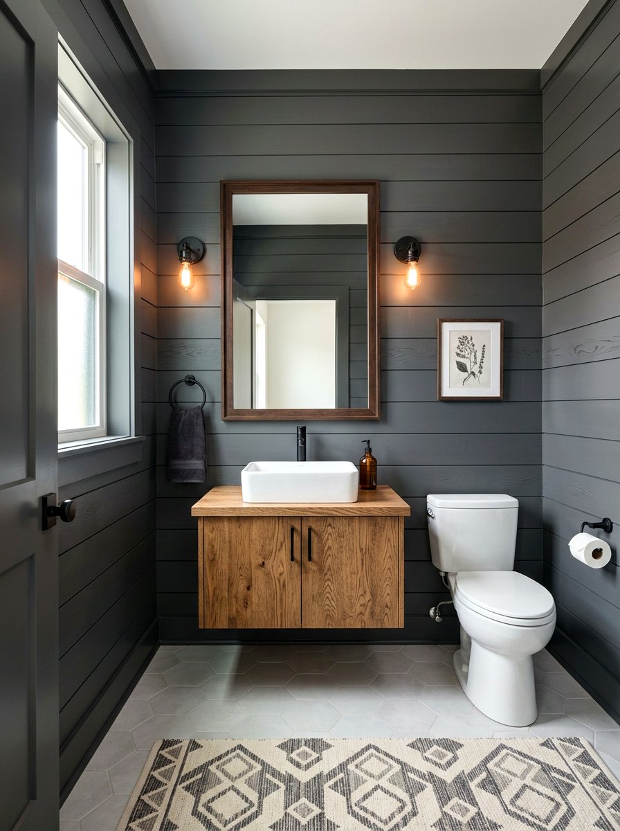 Graphite Shiplap - 30 dark powder room ideas