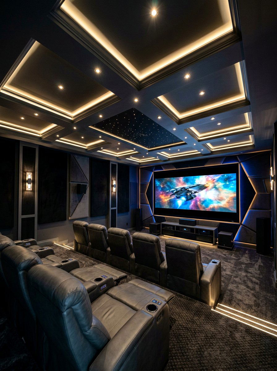 Graphite gray media room ceiling - 30 moody ceiling paint ideas