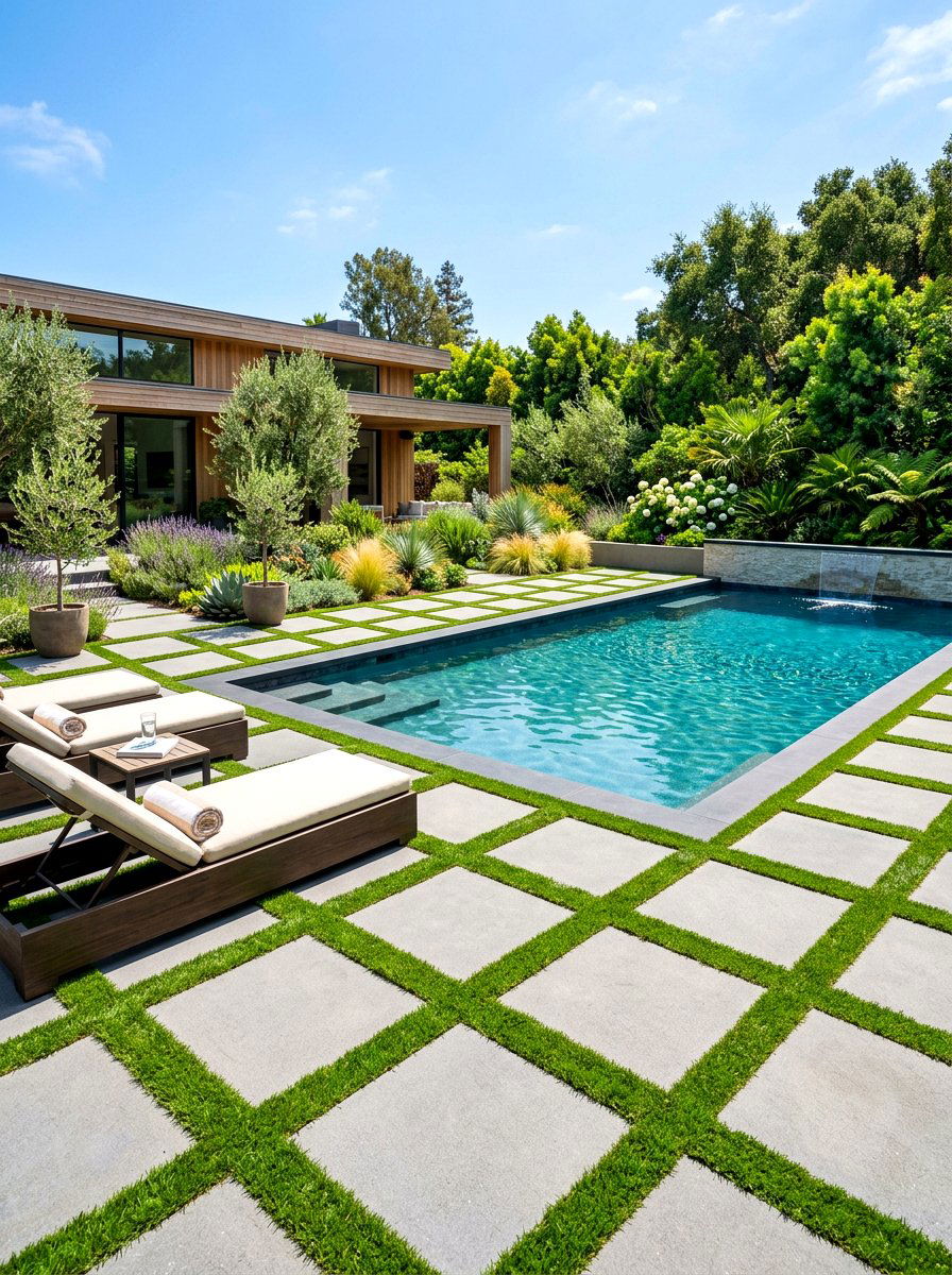 Grass And Paver Pool Deck - 30 pool deck ideas