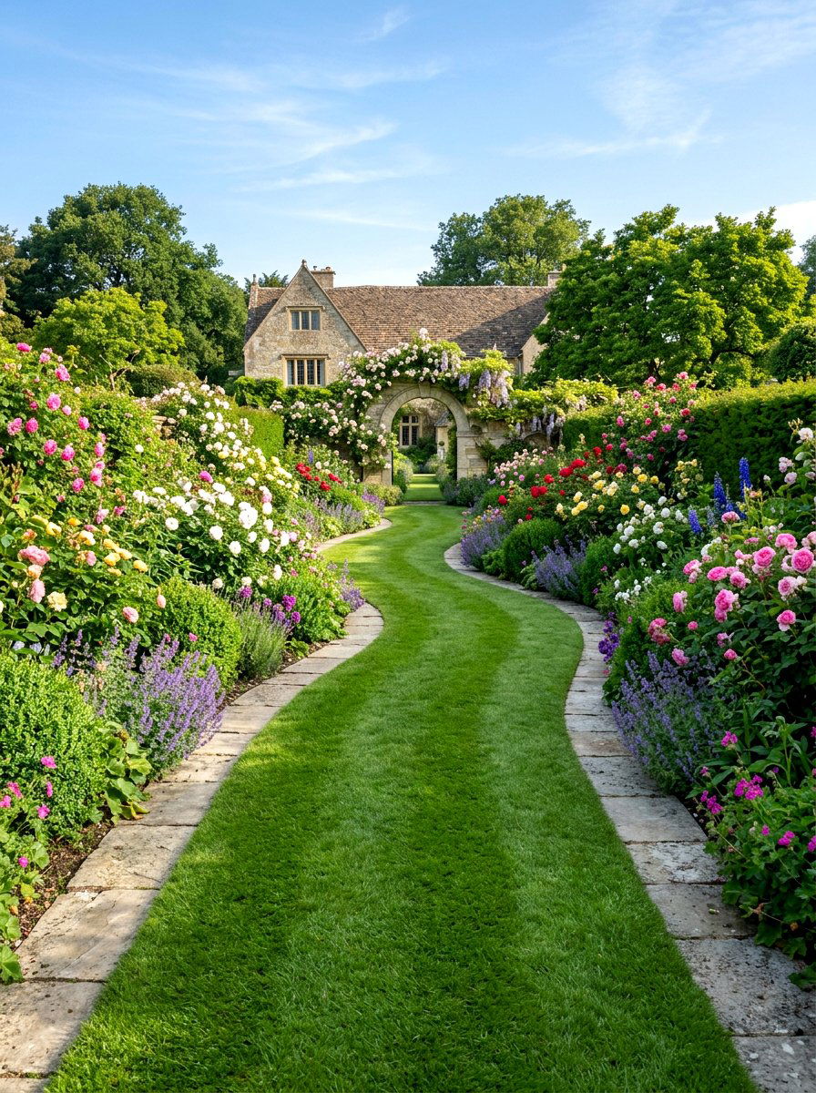 Grass Path With Stone Edging - 30 curved walkway ideas