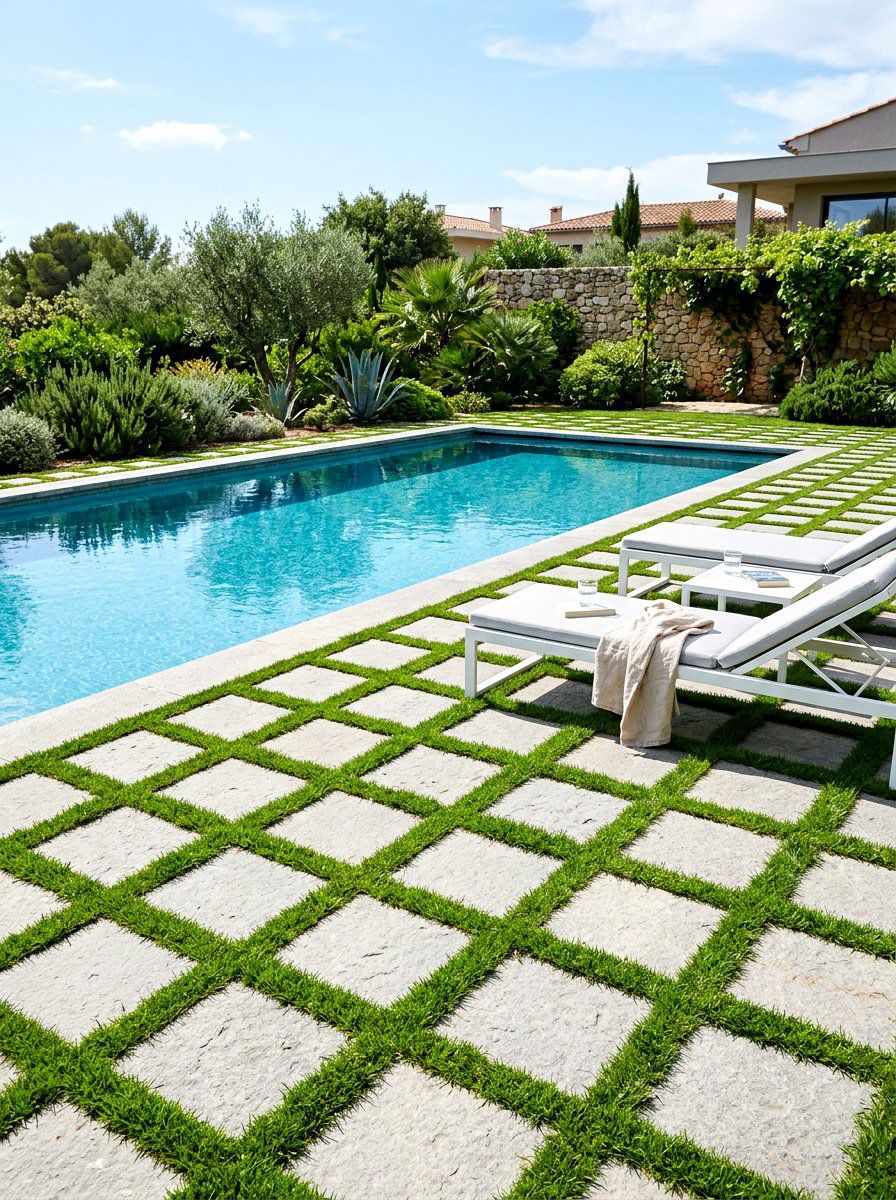 Grass Paver Pool Surround - 30 pool lounge patio ideas