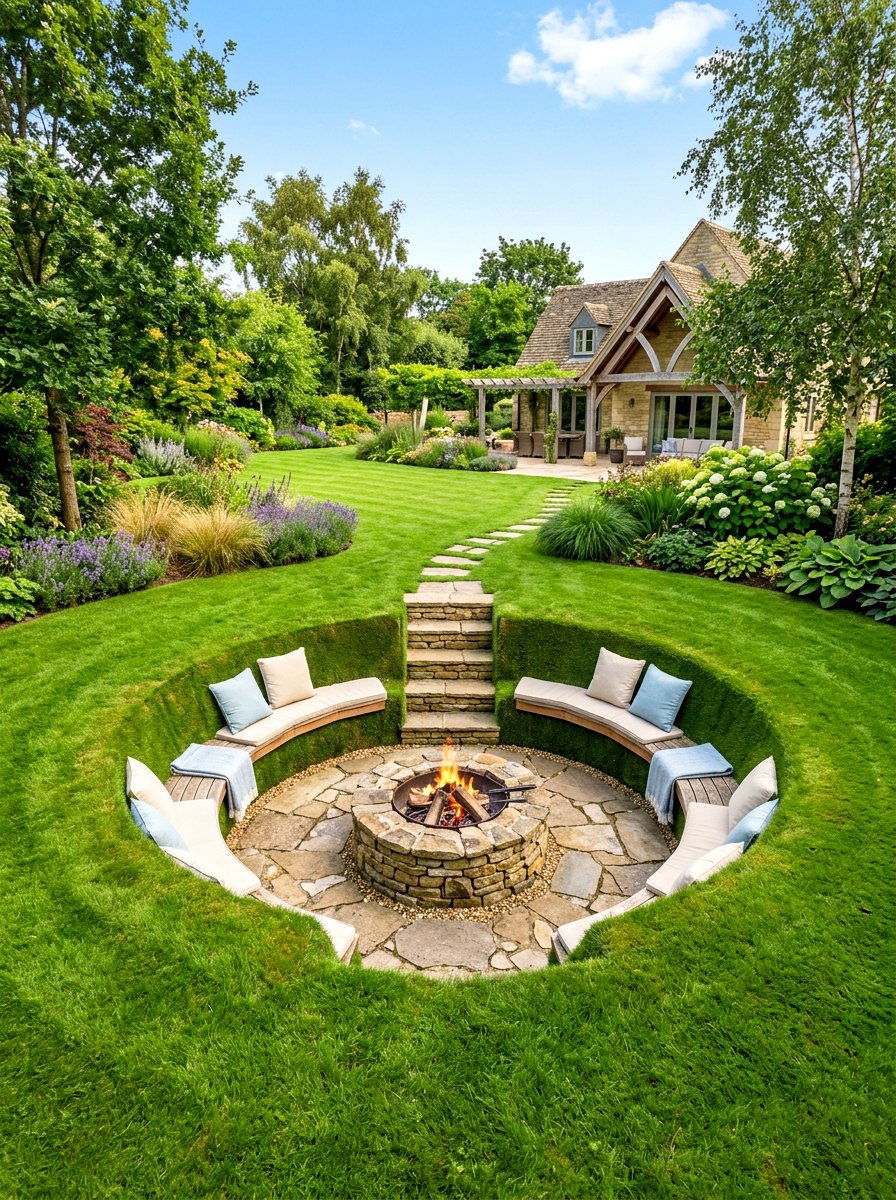 Grass Surround Sunken Fire Pit - 30 sunken fire pit ideas