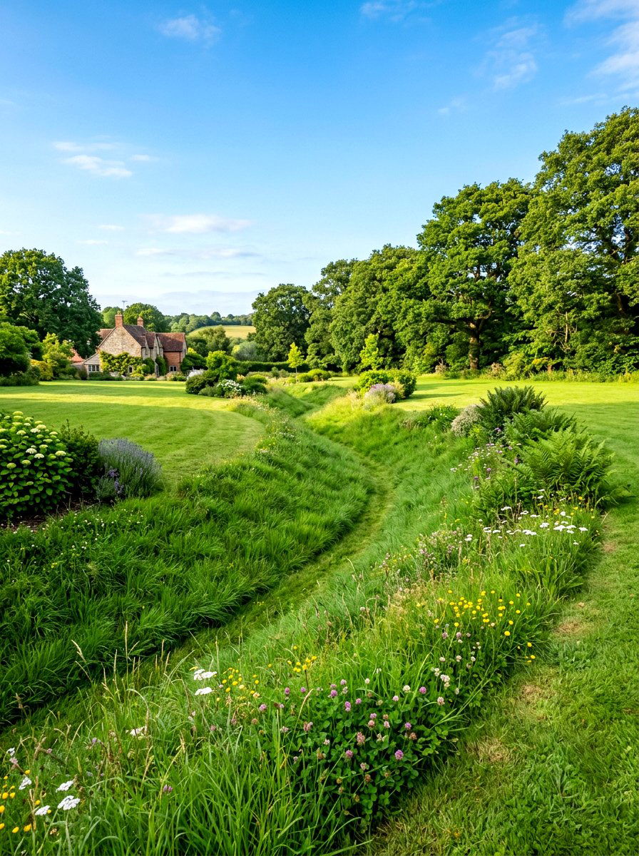 Grass Swale - 30 drainage landscaping ideas