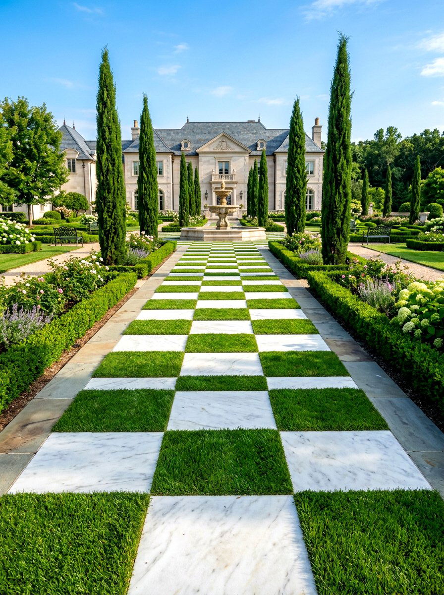 Grass and Stone Checkerboard - 30 backyard walkway ideas