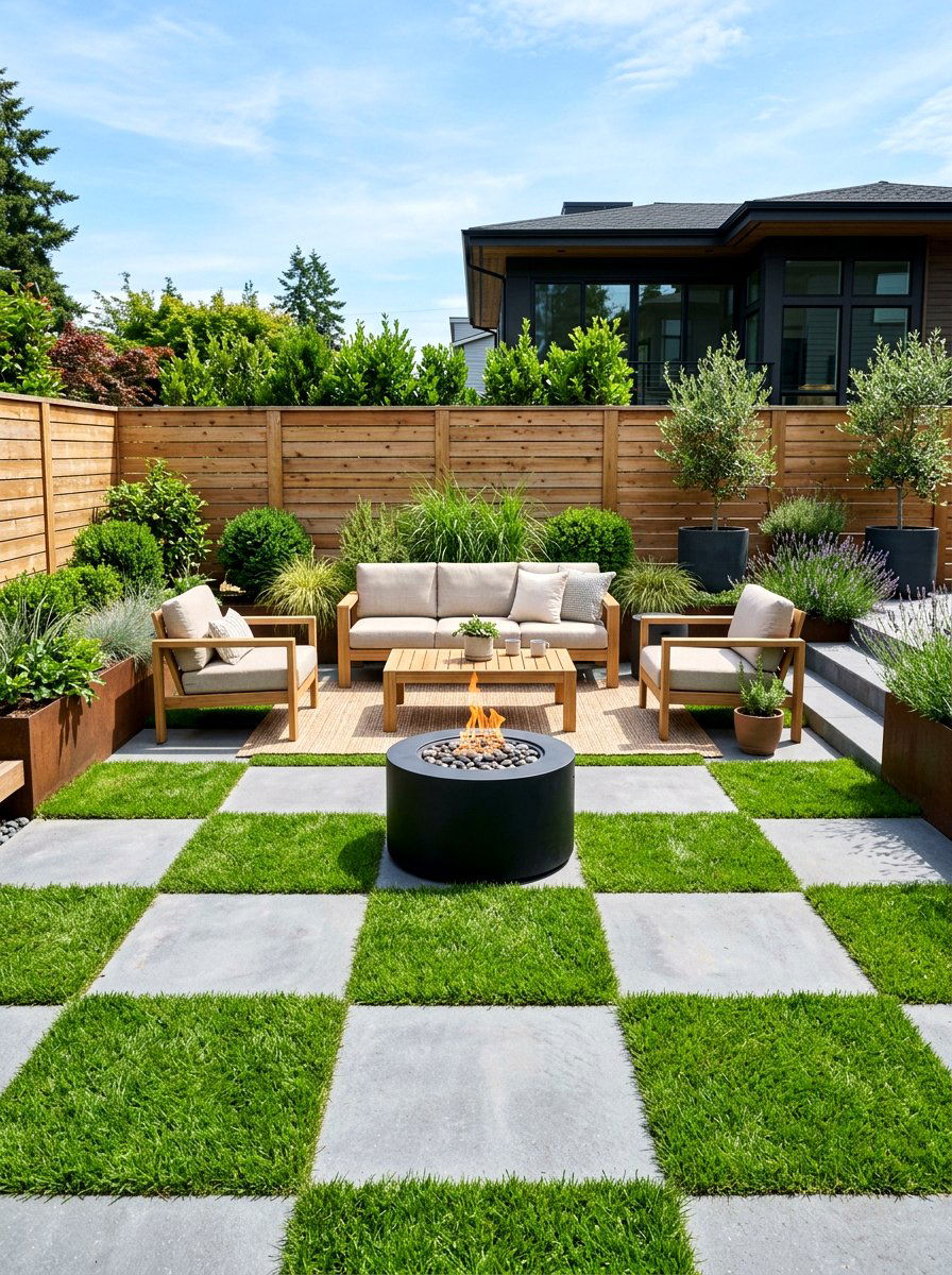 Grass and concrete checkerboard patio - 30 checkerboard patio paver ideas