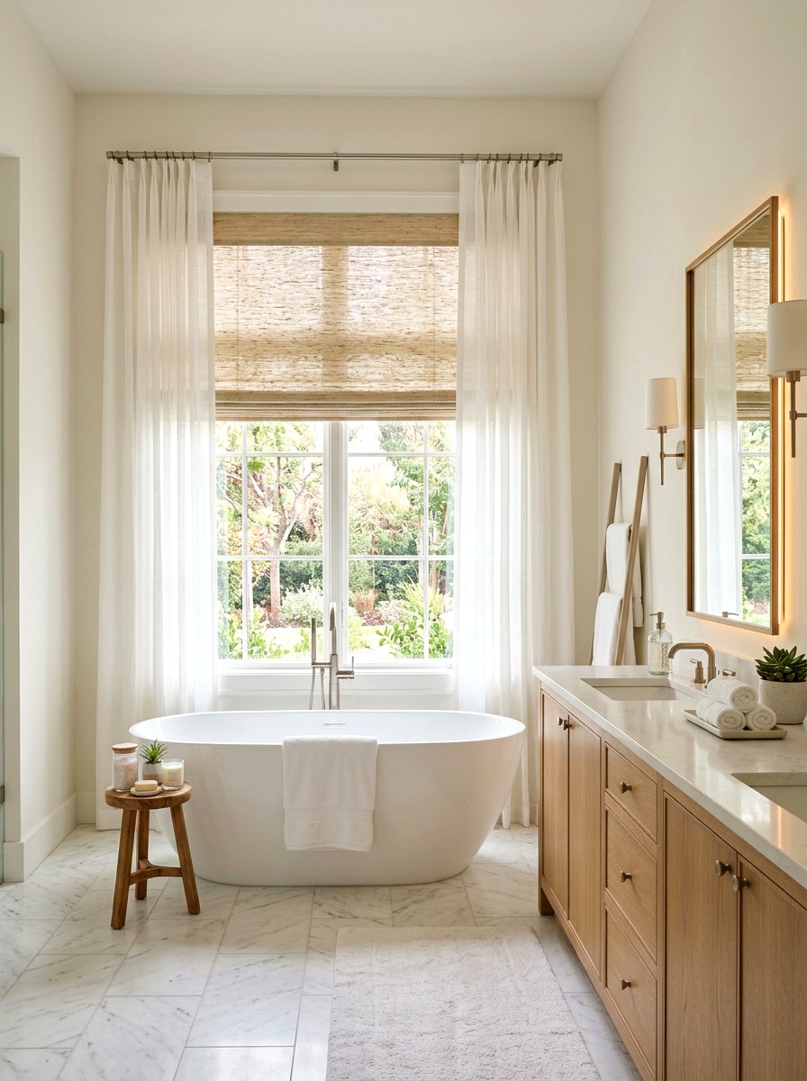 Grasscloth Blind With Sheer White Drapes - 30 blind and curtain combo ideas