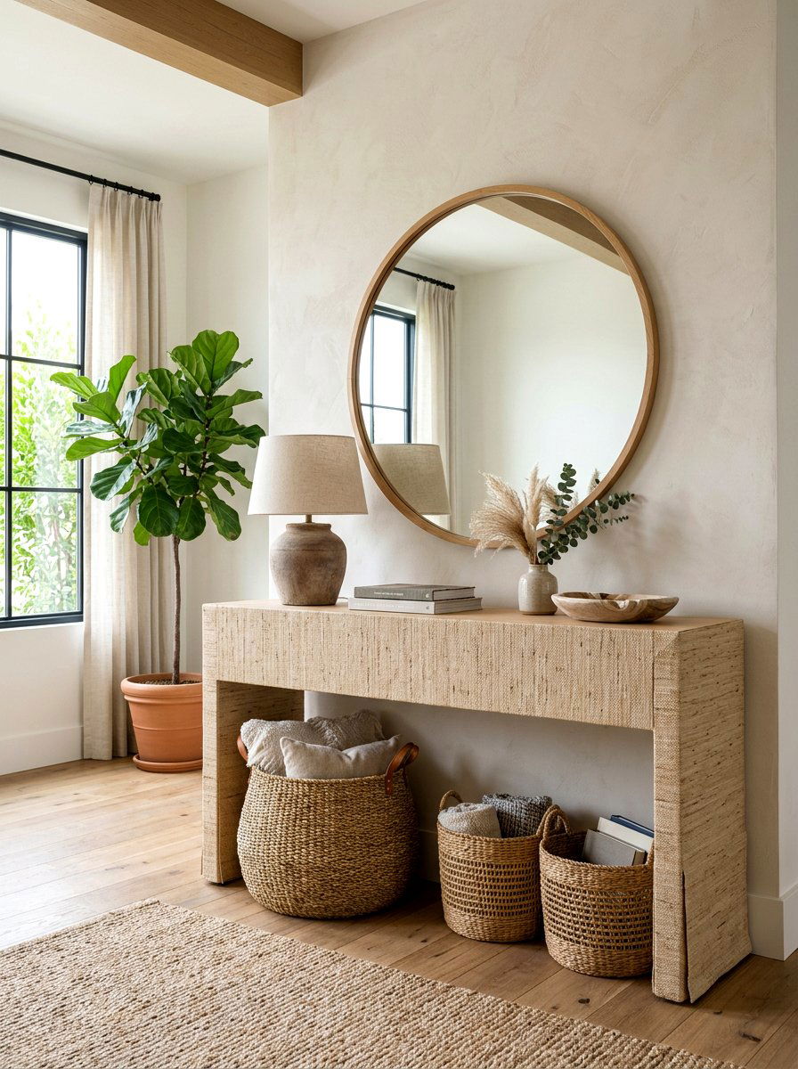 Grasscloth Skirted Console - 30 skirted foyer table ideas