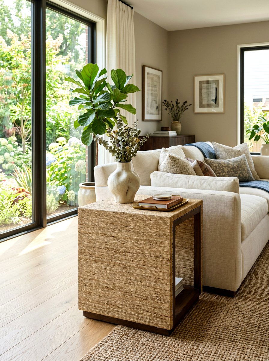 Grasscloth Wrapped End Table - 30 fabric covered side table ideas