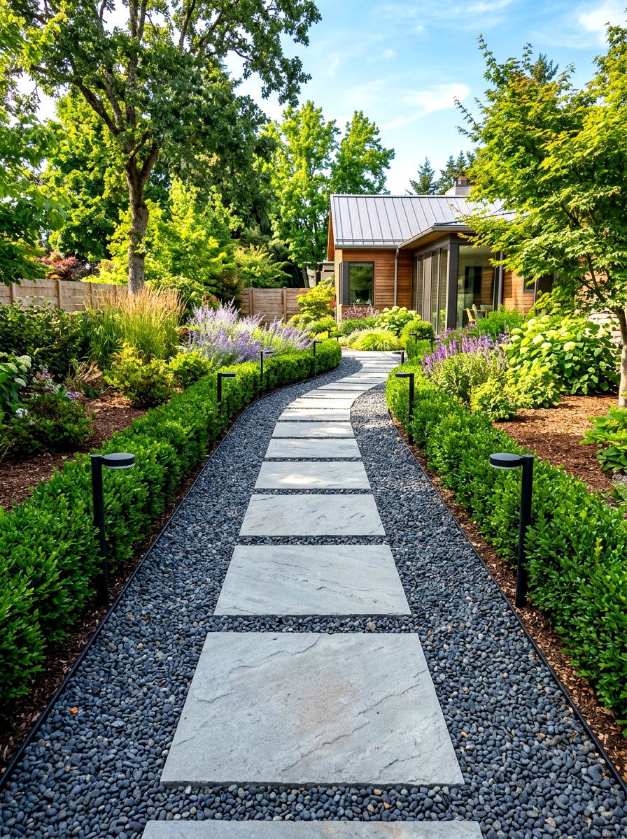 Gravel Edged Stone - 30 stepping stone backyard path ideas