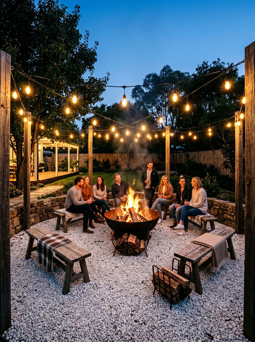 Gravel Fire Pit Area With String Lights - 30 fire lounge backyard ideas