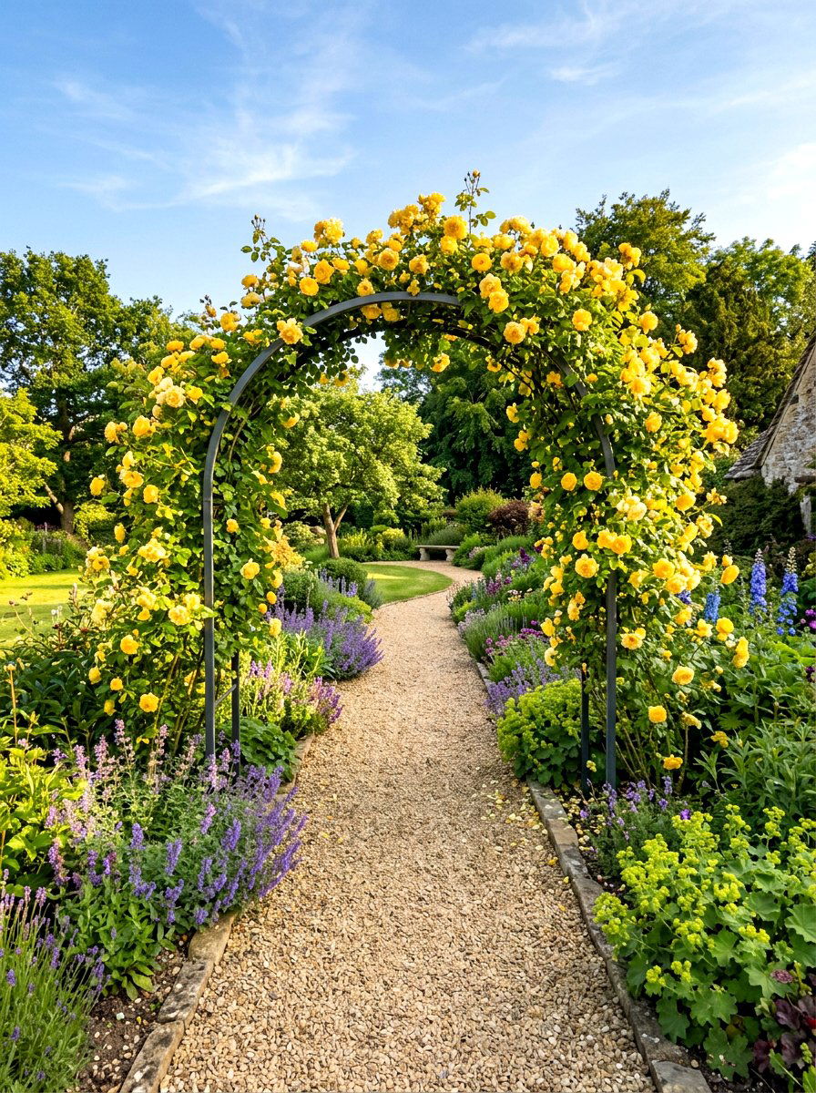 Gravel Path Rose Archway - 30 cottage rose arbor ideas