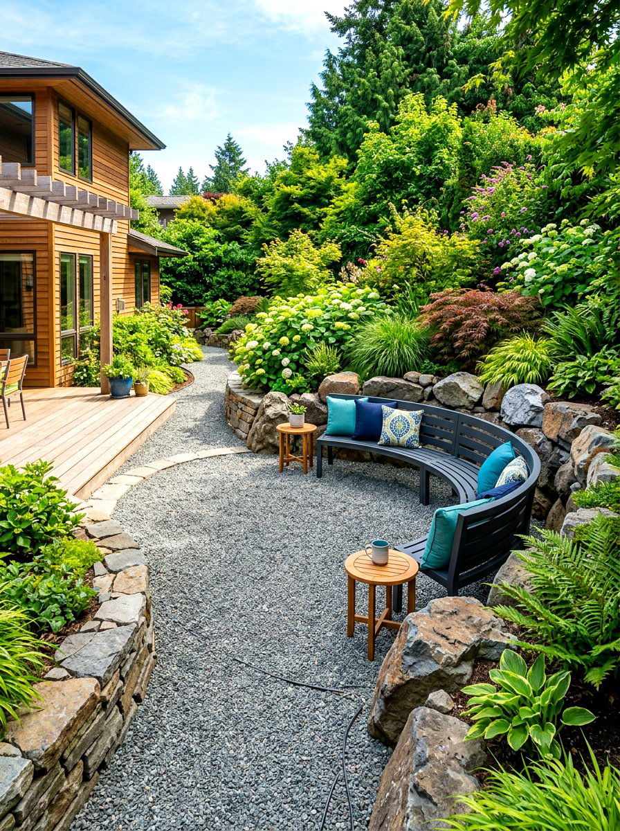 Gravel Patio With Curved Seating Area - 30 curved bench garden ideas