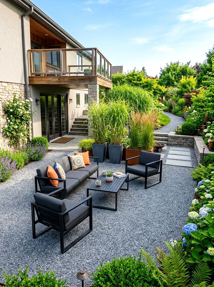 Gravel Patio With Modern Seating - 30 walkout basement patio ideas