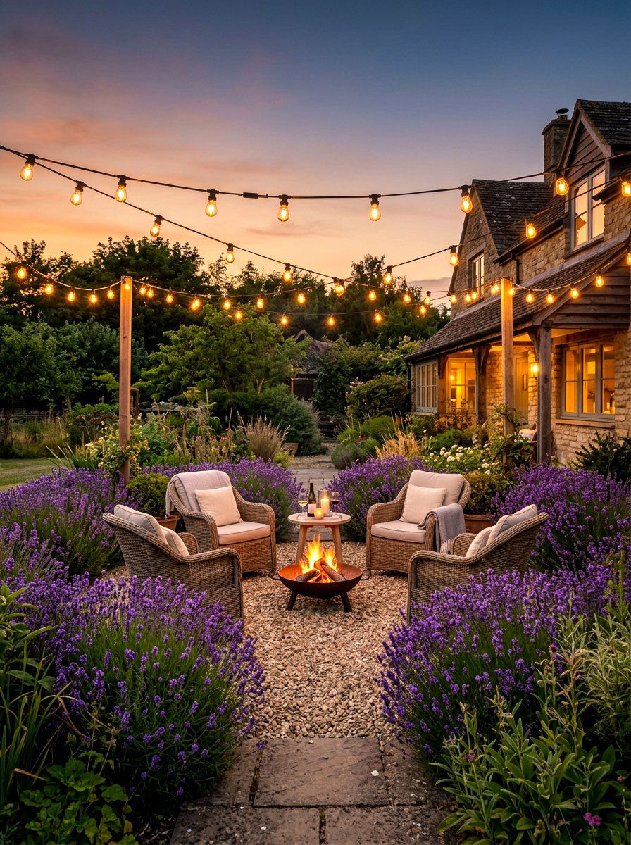 Gravel Patio With String Lights - 30 private backyard oasis ideas