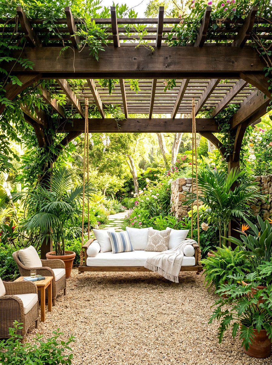 Gravel Seating Area Under Pergola - 30 no grass backyard ideas