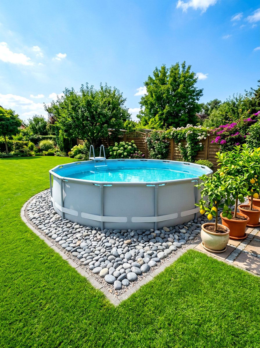 Gravel and rock pool border - 30 above ground pool ideas