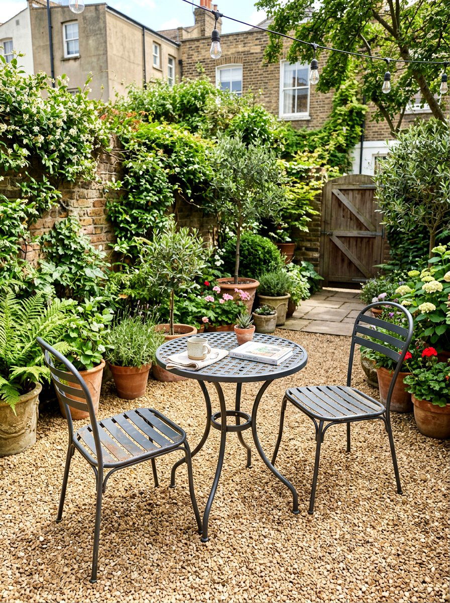 Gravel courtyard bistro set - 30 warm minimalist garden ideas