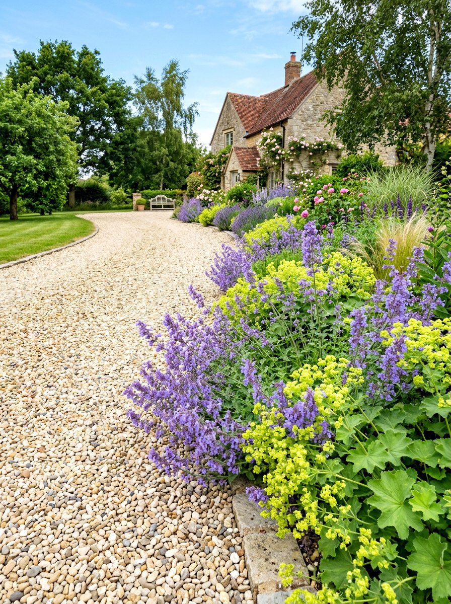 Gravel driveway flower border - 30 cottage front yard garden ideas