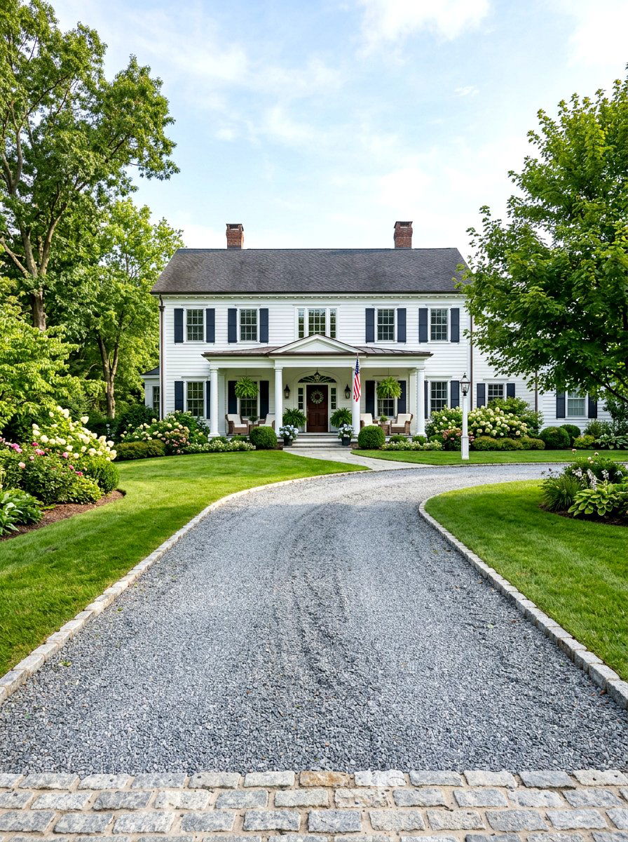 Gravel driveway - 30 colonial front yard ideas