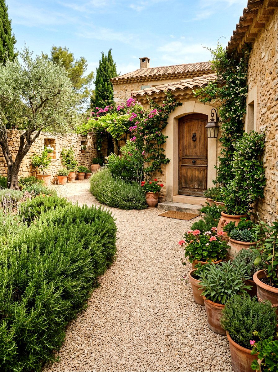 Gravel path courtyard - 30 Mediterranean front courtyard ideas