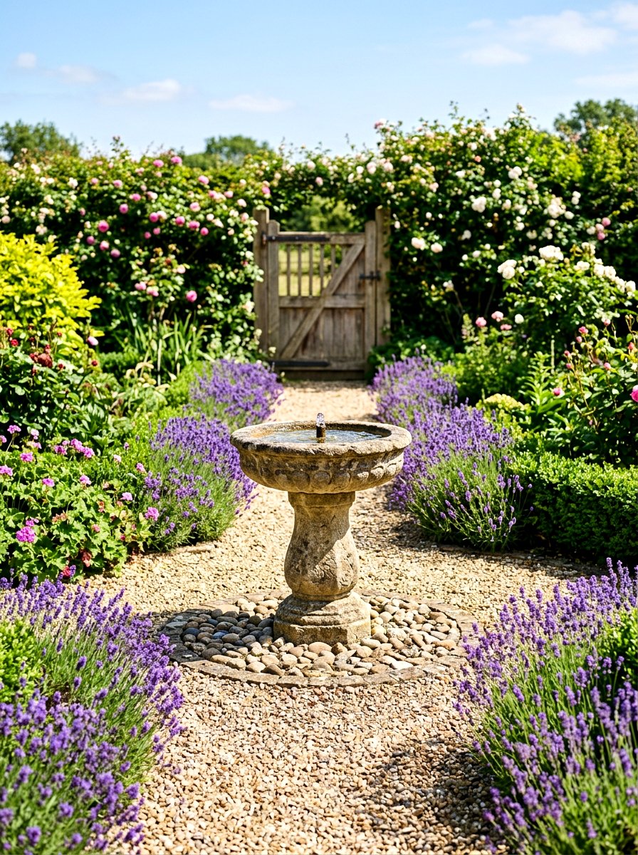 Gravel path fountain focal point - 30 courtyard fountain garden ideas