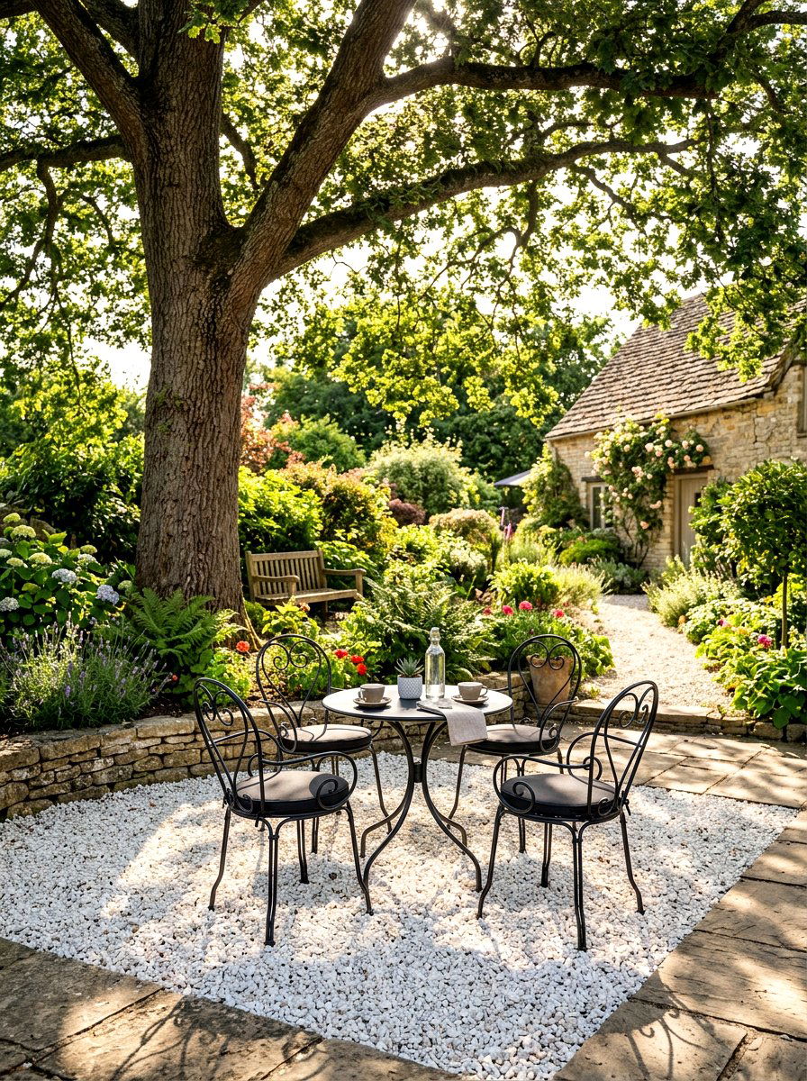 Gravel patio with metal chairs - 30 patio conversation area ideas