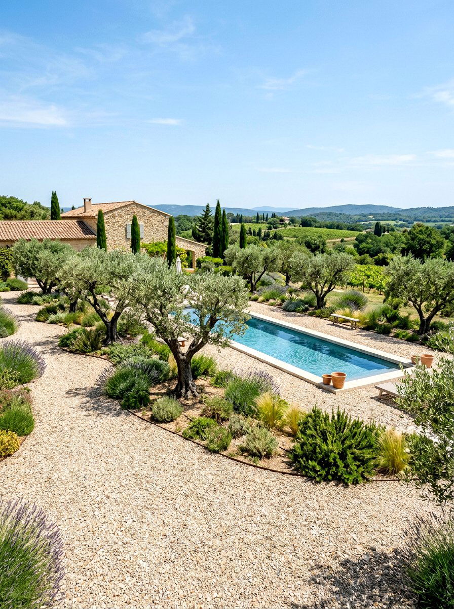 Gravel pool garden with olive trees - 30 poolside olive trees ideas