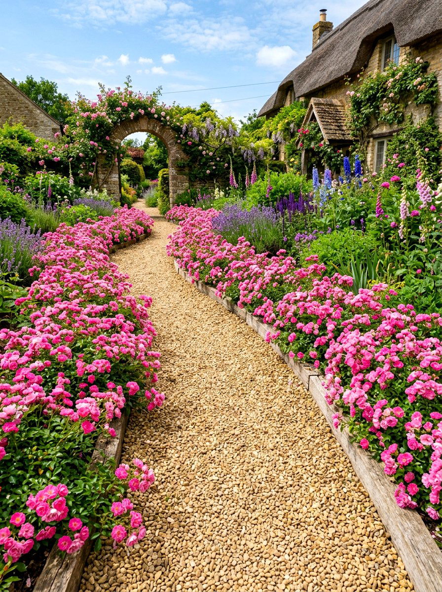 Gravel walkway rose edge - 30 cottage rose border landscaping ideas