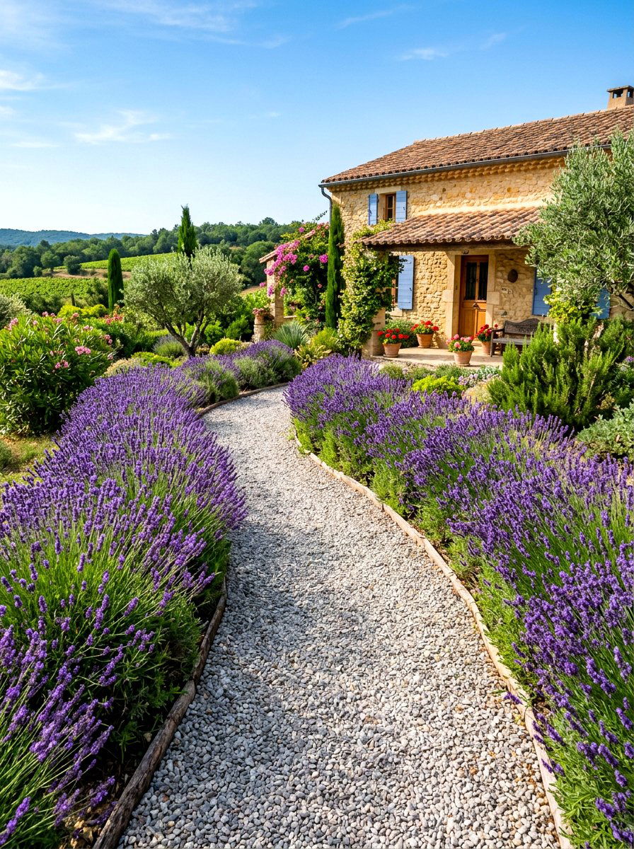 Gravel walkway with lavender - 30 cottagecore garden ideas