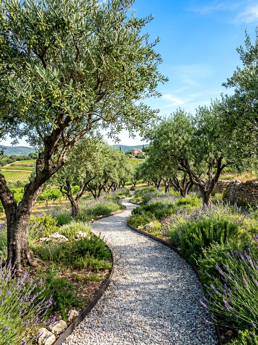 Gravel walkway with olive trees - 30 olive grove backyard ideas