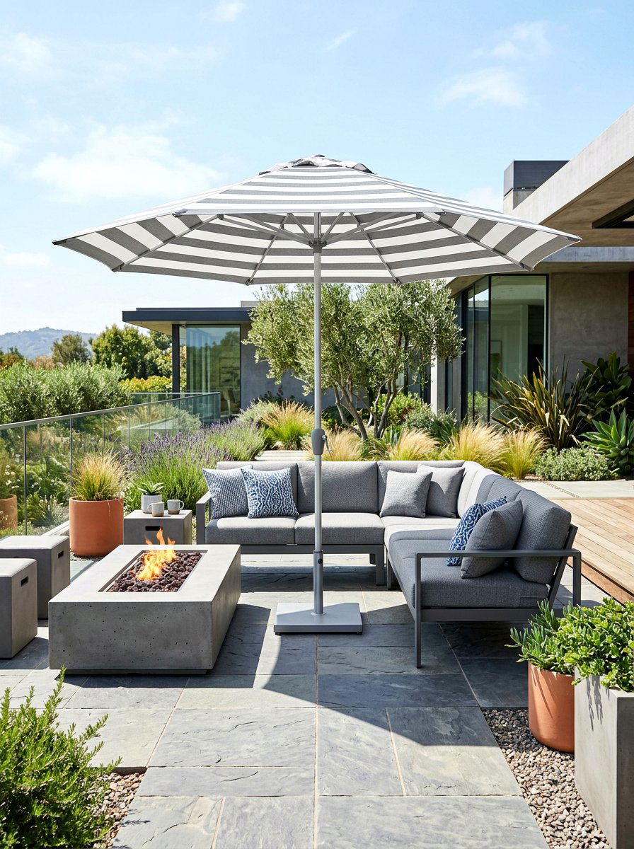 Gray And White Striped Umbrella - 30 striped umbrella patio ideas