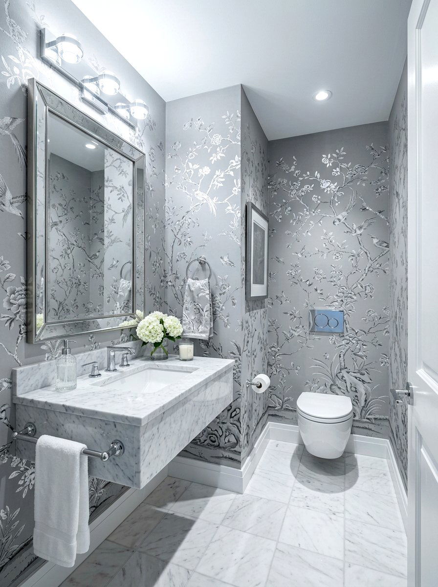 Gray Chinoiserie Powder Room With Silver Accents - 30 chinoiserie powder room ideas