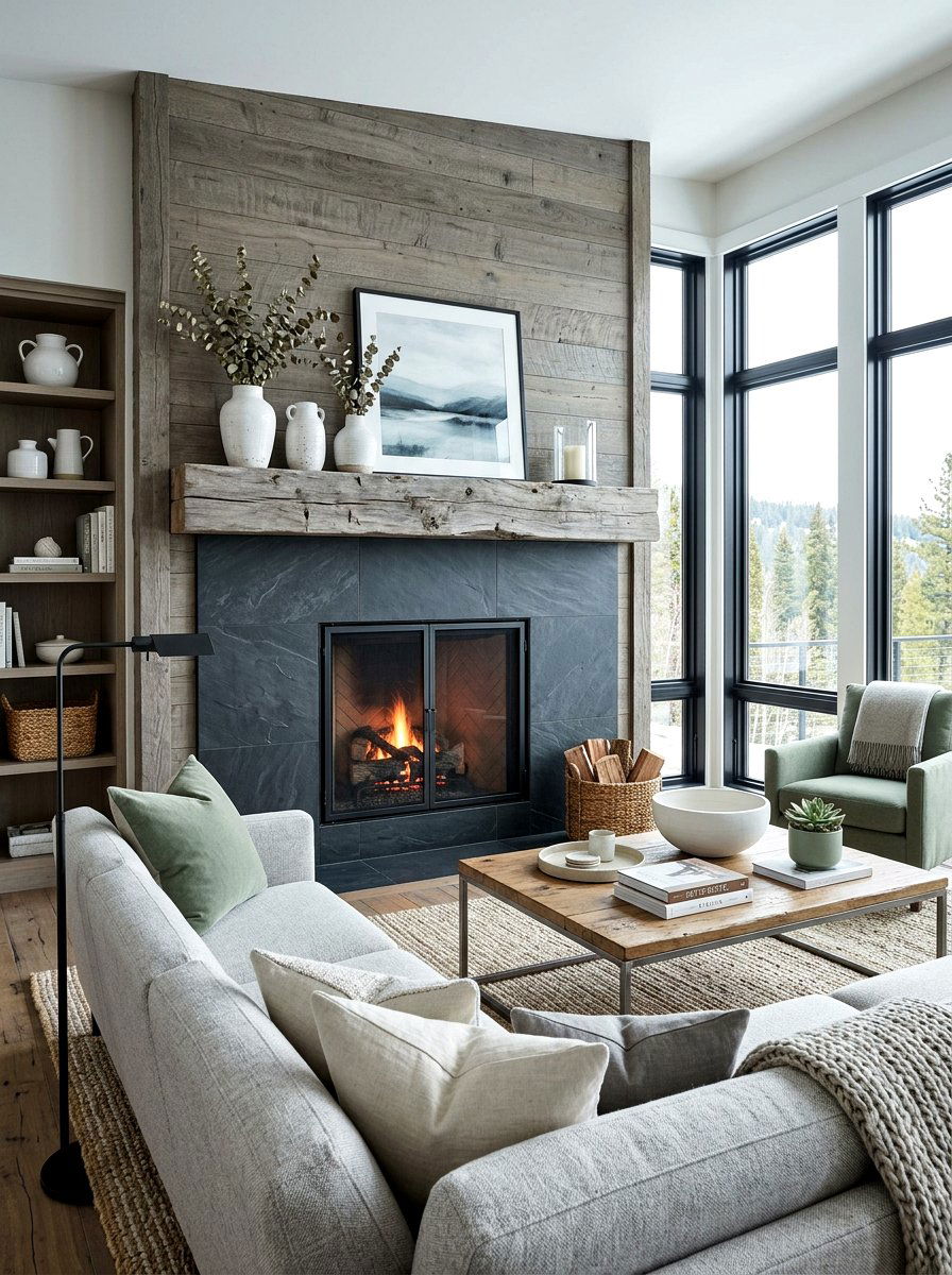 Gray Driftwood Mantel - 30 wood mantel beam ideas