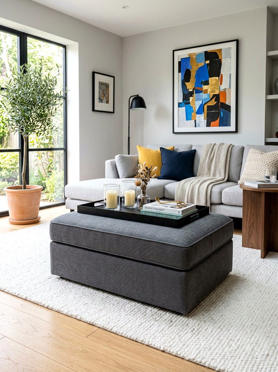 Gray Fabric Ottoman With Tray - 30 oversized ottoman living room ideas