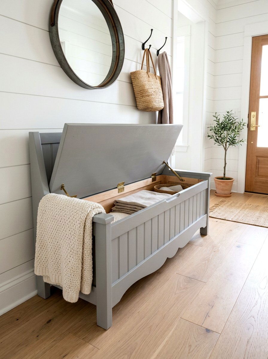 Gray Farmhouse Bench With Hidden Storage - 30 farmhouse entryway bench ideas