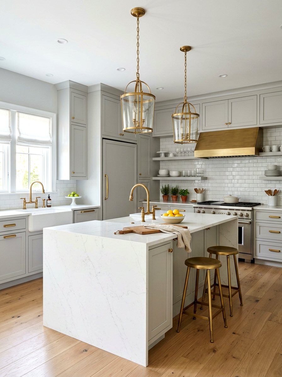 Gray Kitchen Brass Accents - 30 unlacquered brass kitchen ideas