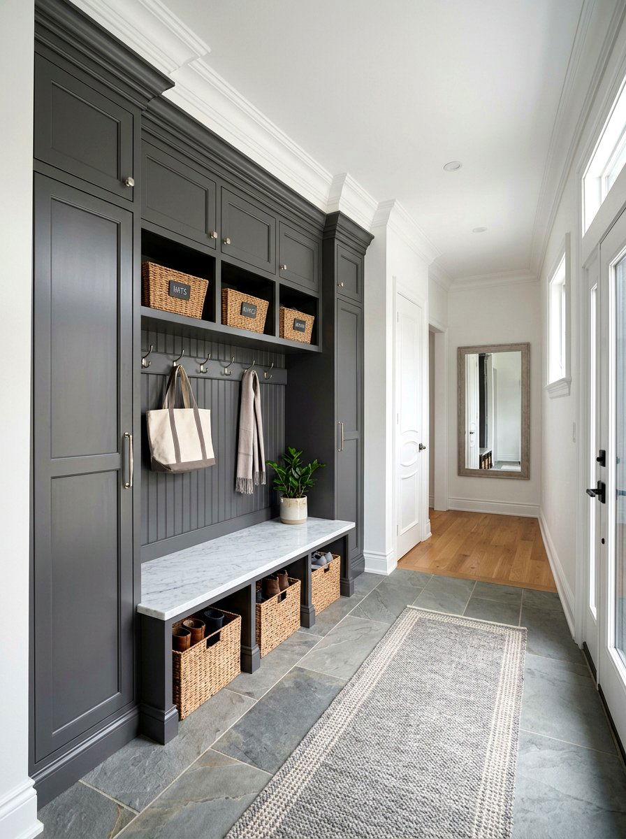 Gray Mudroom Bench - 30 mudroom drop zone bench ideas