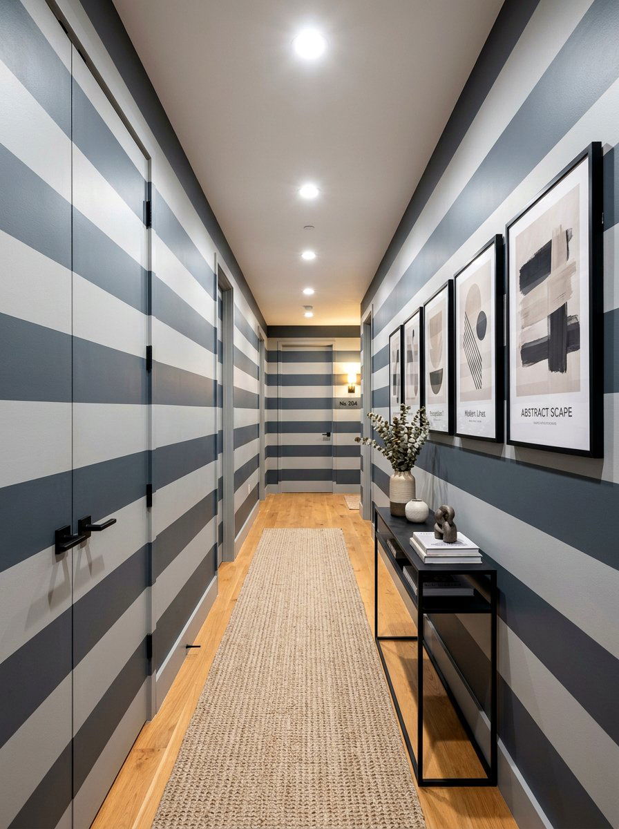 Gray Neutral Stripe Hallway - 30 stripe drench room ideas
