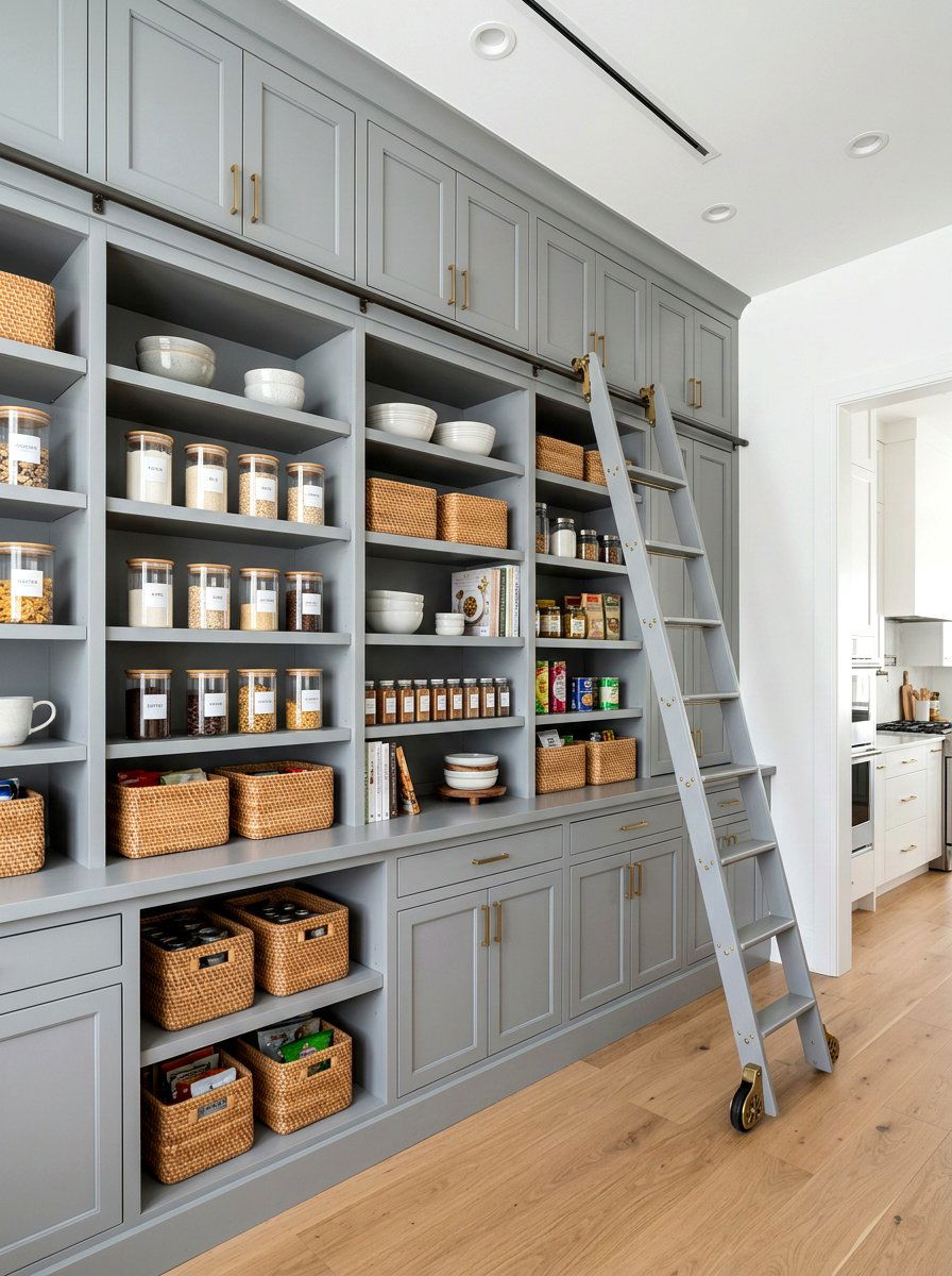 Gray Pantry With Matching Rolling Ladder - 30 pantry with library ladder ideas