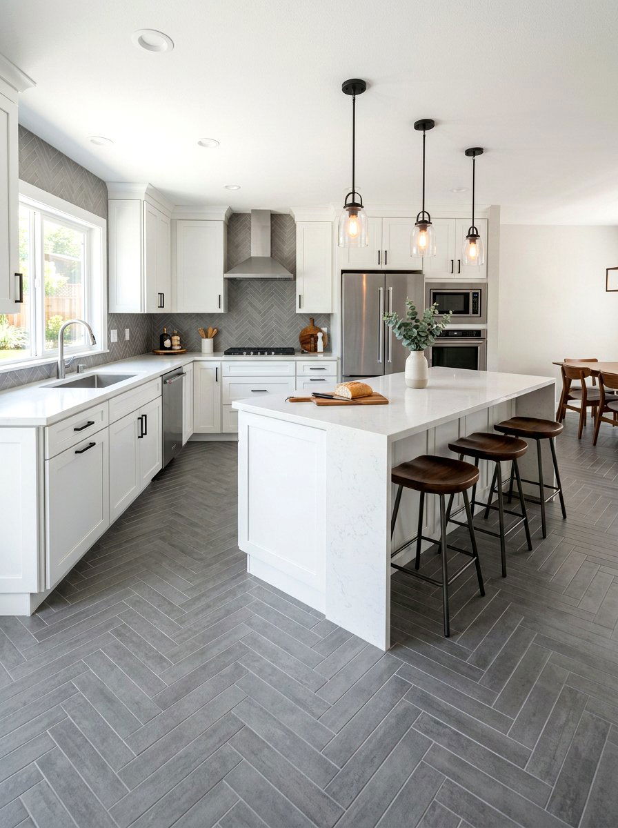 Gray Porcelain Herringbone Kitchen - 30 herringbone floor ideas