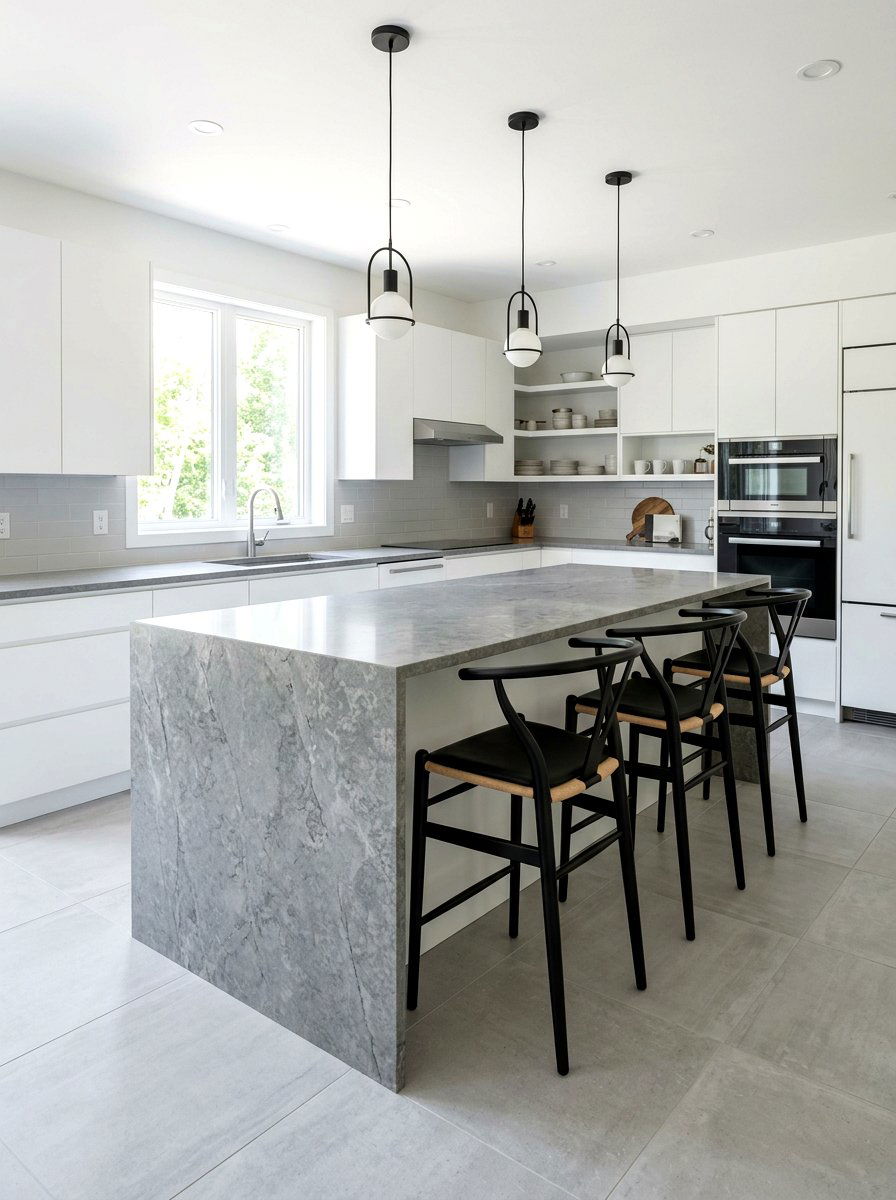 Gray Quartz Waterfall Kitchen - 30 waterfall countertop ideas