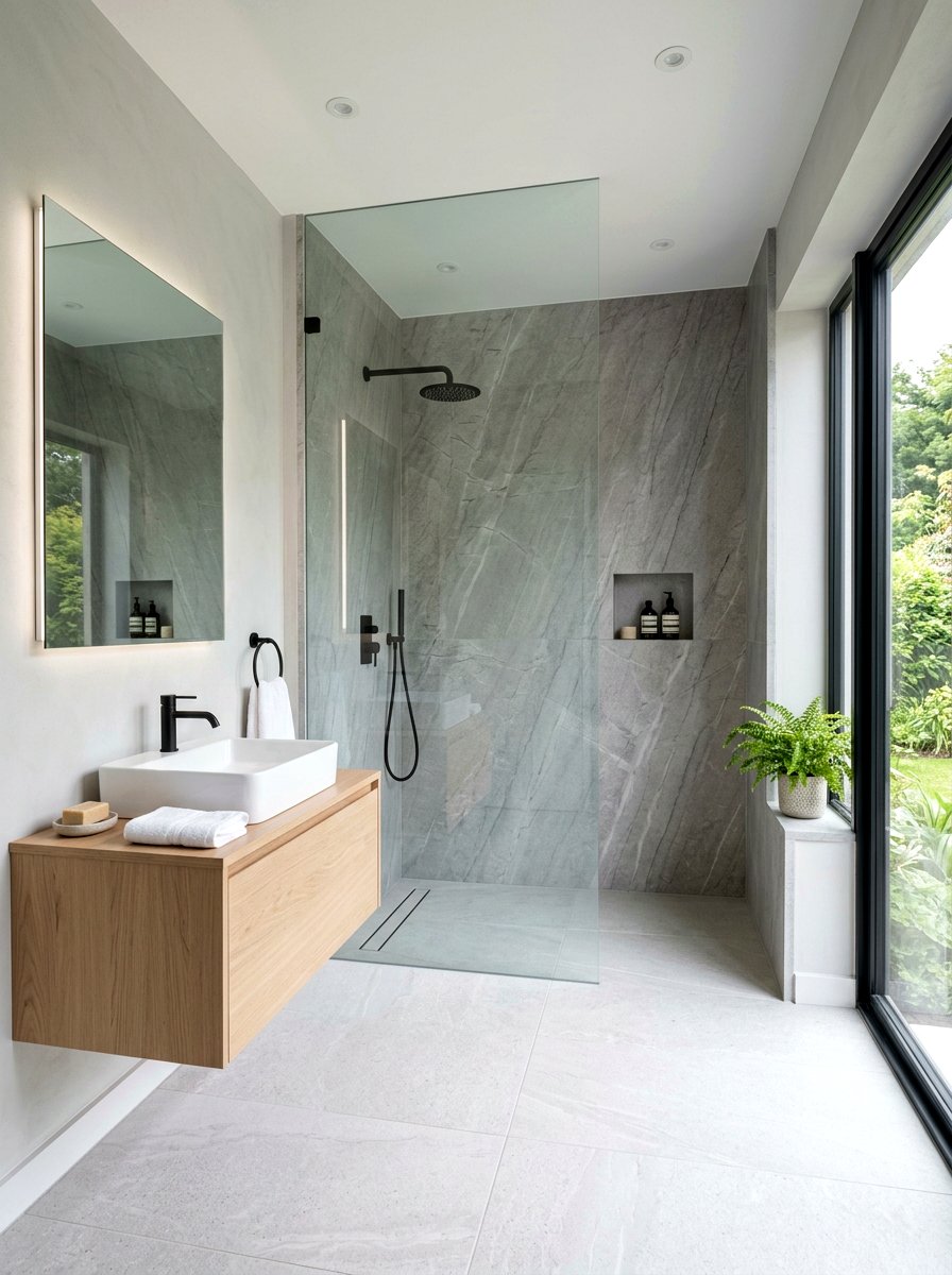 Gray Quartzite Shower - 30 stone slab shower wall ideas