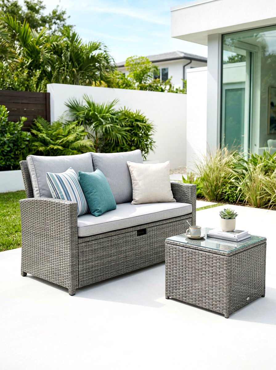 Gray Rattan Storage Bench - 30 patio storage bench seating ideas