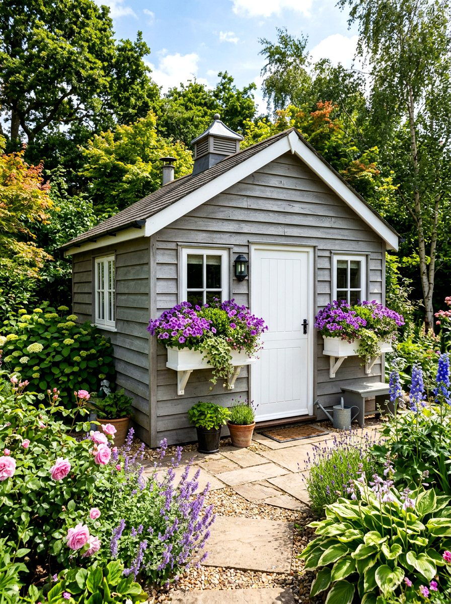 Gray Shed With Window Boxes - 30 cottage shed ideas
